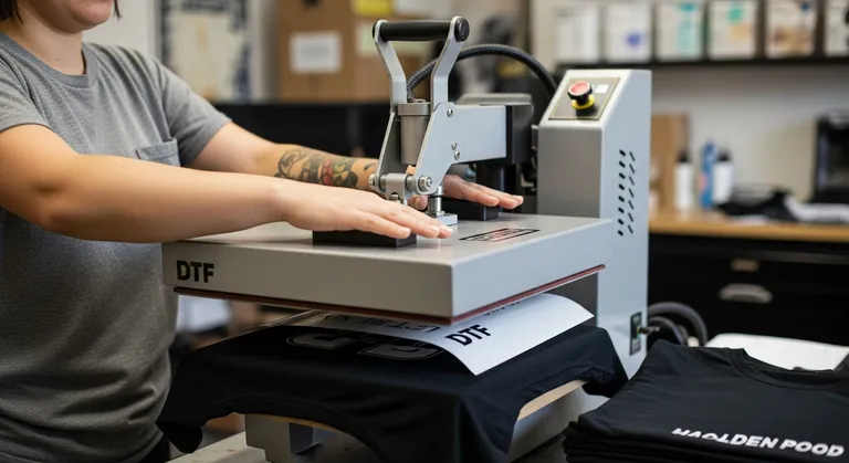 Heat press applying a DTF transfer to a t-shirt