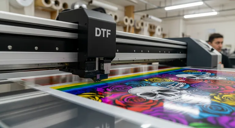 DTF film being printed with a vibrant full-color design
