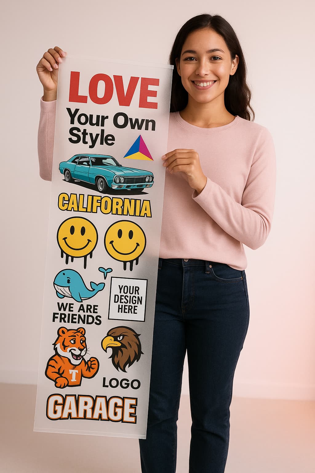 Customer holding a 22-inch wide DTF gang sheet packed with full-color heat-transfer designs